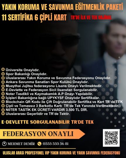 TR'DE İLK VE TEK YAKIN SAVUNMA VE YAKIN KORUMA EĞİTMENLİK SERTİFİKASI PROFESYONEL PAKETTİR TOPLAMDA 11 SERTİFİKA 5 KARTTAN OLUŞMAKTADIR.